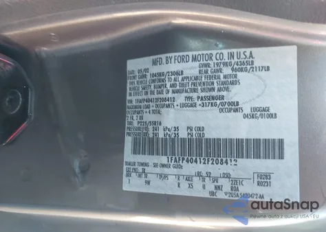 2002 Ford Mustang z USA, uszkodzony, nr VIN 1FAFP40412F208412